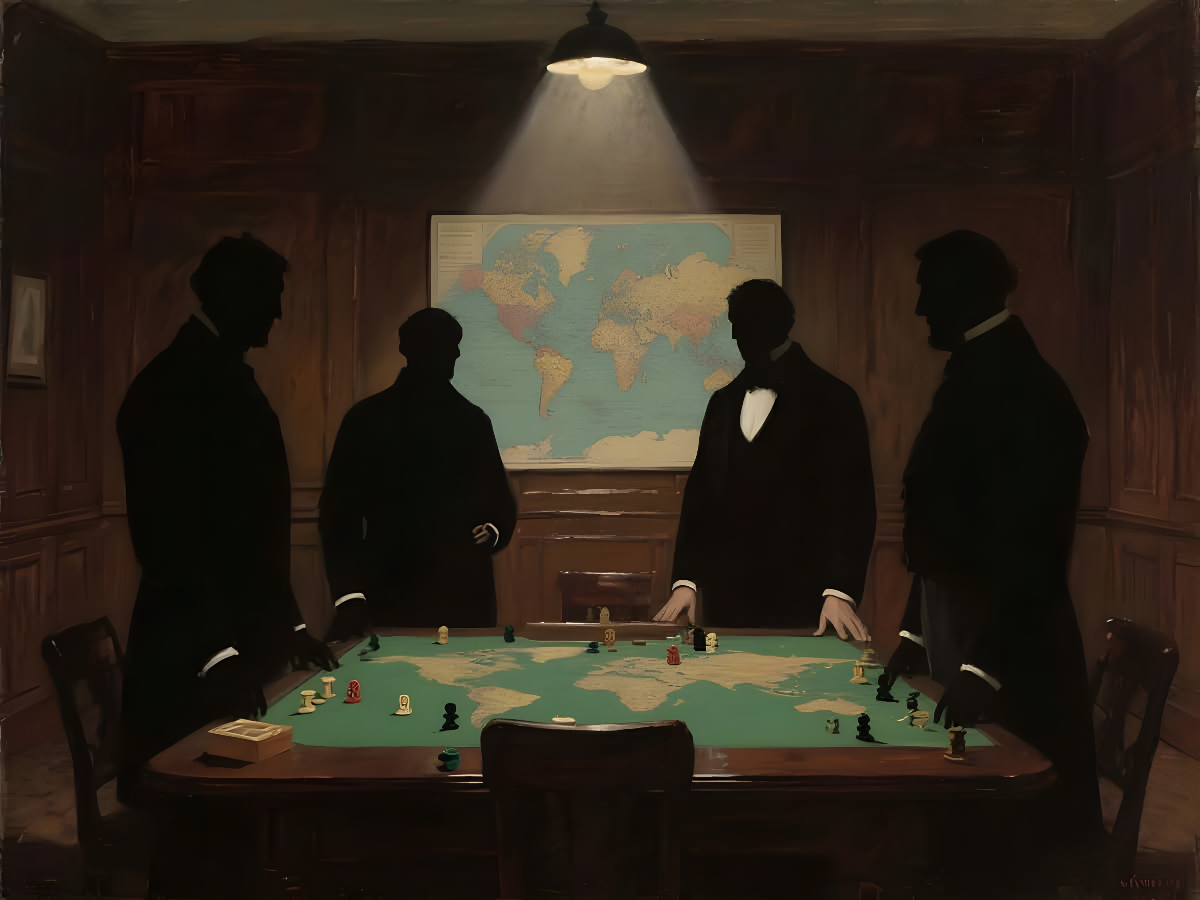 Oil painting: four men in silhouette stand around a green map table under a single hanging lamp, with a world map on the wall.